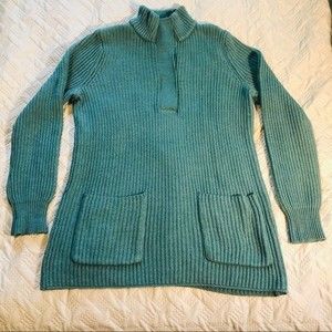 Soft Surroundings teal long sweater, 3 button placket, 2 pockets cotton blend, M